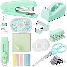 Desk Accessories Set, Office Supplies Set with Stapler, Staple Remover, Staples, Tape Dispenser, Clips Set, Tape, Sticky Notes, Scissor, Hole Punch, for Students, Office Clerks  Teal