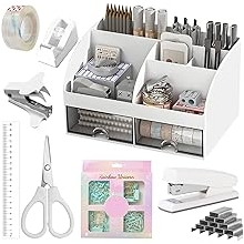 Desk Accessories with Pen Holder, Desktop Stationary Organiser Desk Tidy & Accessories Office Supplies Set, Tape Dispenser, Stapler, Staple Remover, Staples, Clips Set, Ruler, Scissor, Pen, Tape