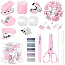 Mini Office Supplies, Purple School Supplies with Sticky Notes,Mini Stapler,Tape Dispenser,Hole Punch,Staple Remover,Staples,Clips,Scissor,Pen Pink