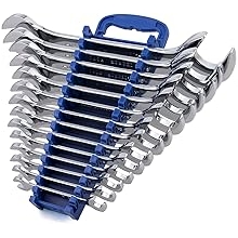 14-Piece Premium Angle Head Open End Wrench Set, Chrome Vanadium Steel | Include Standard Inch Sizes 3/8, 7/16, 1/2, 9/16, 5/8, 11/16, 3/4, 13/16, 7/8, 15/16, 1, 1-1/16, 1-1/8, 1-1/4 with Storage Rack