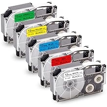 Unismar Replacement for Casio XR-12WE XR-12RD XR-12BU XR-12YW XR-12GN Label Tape for Casio KL60 KL100 KL-750 KL-120 KL-820 EZ Label Maker, 1/2" x 26.2, Black on White/Red/Blue/Yellow/Green, 5-Pack