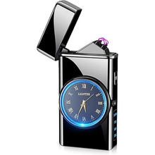 USB Electronic Lighter Arc Lighter with LED Lighting Function and Clock Electric USB Lighter LED Dual Arc Lighter with Battery Indicator Windproof Plasma Lighter Black