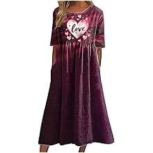 Valentine Dress for Women Heart Print Short Sleeve Crewneck Empire Waist Casual 2025 Spring Maxi Tunic Dresses