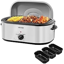 VEVOR Roaster Oven, 24QT Electric Turkey Roaster Oven, 150-450F Adjustable Temperature Electric Roasting Pan with 3 Bin Buffet Server, Self-Basting Lid, Defrost & Warm Function, Self-Basting Lid