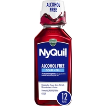 Vicks NyQuil ALCOHOL FREE Cold &amp; Flu Relief Liquid Medicine, Powerful Multi-Symptom Nighttime Relief For Headache, Fever, Sore Throat, Sneezing, Runny Nose And Cough, Berry Flavor, 12 FL OZ