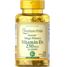 Puritan&amp;#39;s Pride Vitamin D3 250 mcg 10,000 IU-200 Softgels, White