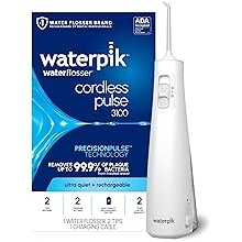 Waterpik Cordless Pulse Rechargeable Portable Water Flosser for Teeth, Gums, Braces Care and Travel with 2 Flossing Tips, Waterproof for Shower, ADA Accepted, WF-20 White, Packaging and Tips May Vary