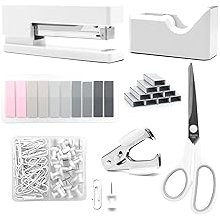 White Office Supplies,White Desk Accessories, Stapler and Tape Dispenser Set for Women with Stapler,Tape Dispenser, Staple Remover, Staples,Scissor and Tabs for Students Office Clerks
