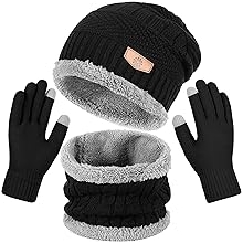 Winter Beanie Hat Scarf and Gloves Set For Men Women，Warm Beanie Hat Soft Neck Scarf and Touch Screen Gloves for Cold Weather