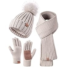 Winter Beanie Hat Scarf Gloves Set for Women, Womens Beanie with Pom Pom Long Scarf Neck Warmer Touchscreen Gloves 3 in 1 Set