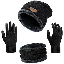 Winter Beanie Hat Circle Scarf Touchscreen Gloves Set, Snow Knit Skull Cap, Warm Thick Fleece Lined Neck Warmer for Men Women