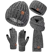 Women Beanie Scarf Gloves Headband Set, Chenille Winter Hats Fleece Lined Ear Warmer Knit Scarf Touchscreen Gloves 4 Gift Set