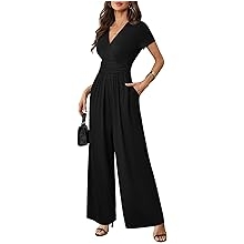 Women Dressy Casual Jumpsuits Elegant High Waist Side Ruched Romper Summer Short Sleeves Wide Leg Pants