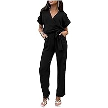 Women's One Piece Jumpsuits Dressy Casual Summer Short Sleeve Wrap V Neck Wide Leg Pants Romper Spring Clothes