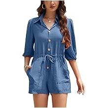 Women's Casual Summer Button Down Shirts Rompers Stand Collar Short Belted Jumpsuits with Pockets