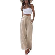 Women's Cotton Linen Summer Palazzo Pants Flowy Wide Leg Beach Trousers with Pockets