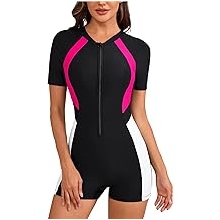 Women's One Piece Short Sleeve Swimsuit UPF 50+ Rash Guard Zip Front Bathing Suit with Built in Bra
