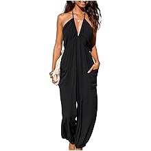 Women's Plunge Halter Sleeveless Pleated Long Romper Knit Jogger Maxi Jumpsuit with Pockets