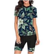 Women's Two Piece Rash Guard UPF 50+ UV Sun Protection Swimsuit Floral Printed Surfing Bathing Suit with Boyshorts