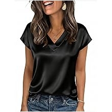 Women Silk Satin Tops Cap Short Sleeve Blouse V Neck Shirts Business Casual Outfits
