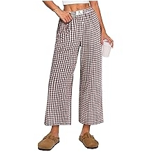 Women Striped Gingham Palazzo Cropped Pants Wide Leg Pajama Lounge Pants Plaid PJ Bottoms Cute Trousers with Pockets