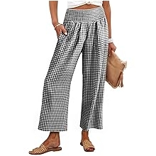 Women Striped Gingham Wide Leg Palazzo Pants Casual Lounge Cropped PJ Bottoms Comfy Cute Plaid Pants with Pockets