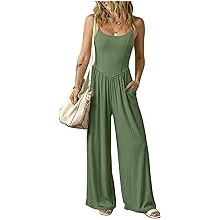 Women Summer Scoop Neck Spaghetti strap Wide Leg Jumpsuits 2026 Casual One Piece Jumper Romper Outfits &amp; Pockets
