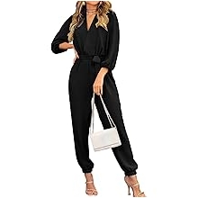Women's Fall Jumpsuits Dressy Casual Pants Romper Spring Long Sleeve V Neck Belt Pockets One Piece Outfits