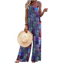 Women's Casual Overalls Loose Wide Leg Jumpsuits Summer Boho Floral Printed Baggy Rompers with Pockets