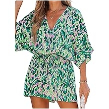Women's Summer Romper Lace Up Printed Half Sleeves Casual Wide leg Vacation Outfit Mini One Piece Jumpsuit