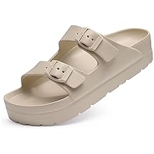 Women's Platform Sandals with Arch Support, Chunky Lightweight Foam Slip on Slides, Comfortable Summer Beach Sandals with Adjustable Buckle