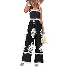 Womens Jumpsuit Casual One Piece Boho Summer Outfits Shirred Strap Wide Leg Long Pants Rompers With Pockets