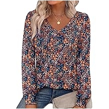 Womens Long Sleeve Shirts Pleated V Neck Curved Hem Fall Winter Tunic Tops Blouses Print