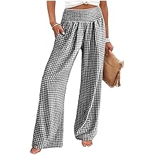 Womens Striped Gingham Palazzo Pants Wide Leg High Waisted Lounge Pajama Pants Cute Casual Trousers with Pockets