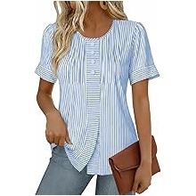 Womens Striped T Shirts Pleated Dressy Casual Summer Tops Short Sleeve Scooped Neck Button Blouse Tees