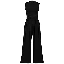 Womens Summer Jumpsuits Dressy Casual One Piece Outfits Sleeveless Mock Neck Wide Leg Pants Rompers with Pockets