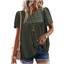 Womens Summer Tops Crewneck Short Sleeve Shirts Casual Chiffon Blouses Flowy Lace Hem Boho Clothing Trendy 2026