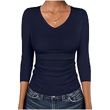 Womens Tops 3/4 Sleeve V Neck Ribbed Knit Slim Fit Shirts Basic Tee 2026 Fall Outfits Casual Tshirt Fashion Clothes