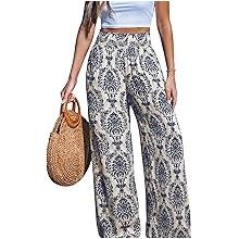 Womens Wide Leg Pants Elastic High Waisted Beach Trousers Cotton Linen Summer Palazzo