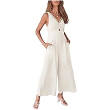 Womens Jumpsuits Summer Linen Wide Leg Sleeveless V Neck Casual Dressy Rompers Pants 2026 Spring Vacation Outfits