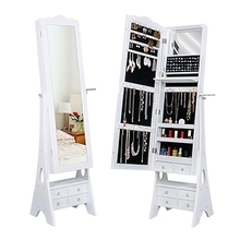 Yokstore Jewelry Cabinet Organizer LED Mirrored Jewelry Storage Armoire with Full Length Standing Large Capacity Makeup Dressing Mirror Wardrobe for Bedroom,White