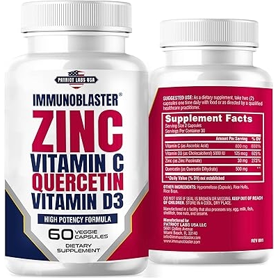 Zinc Quercetin Vitamin C 800 mg with Vitamin D3 Antioxidant Immune Support High Potency Quercetin Zinc Supplement for Men and Women - Gluten, Soy, Dairy Free - 60 Count Pack of 1